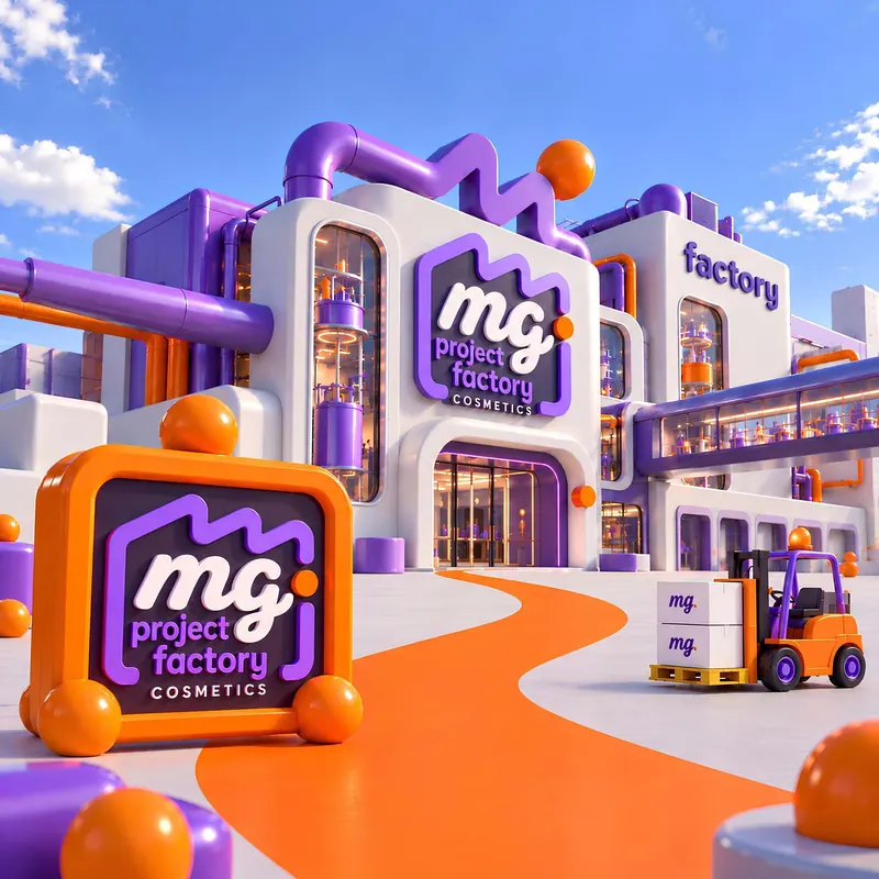 mg project factory cosmetics logosunun bulunduğu mor-turuncu 3D fabrika binası