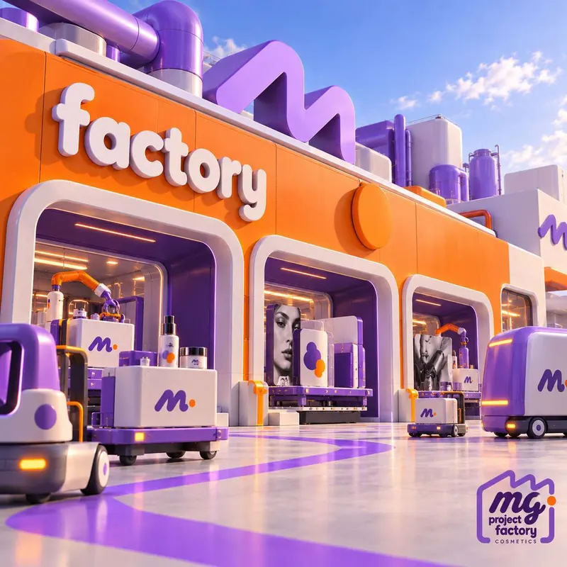 factory yazılı turuncu fabrika cephesinde mg logolu kutuları taşıyan araçlar