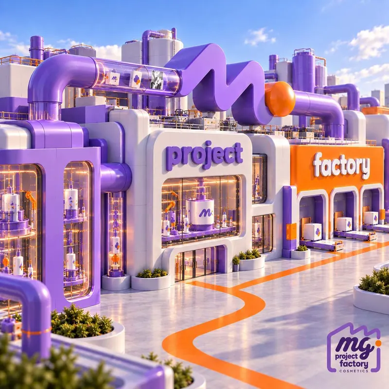 project ve factory yazılı mor-turuncu fabrika binaları ve turuncu yol